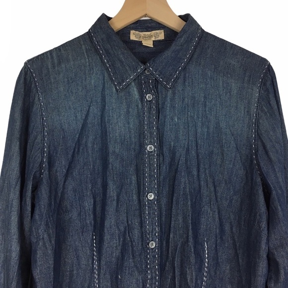 Chambray Shirt NINE WEST Button Up Long Sleeve Minimalist 100% Cotton Size Large - Picture 2 of 12